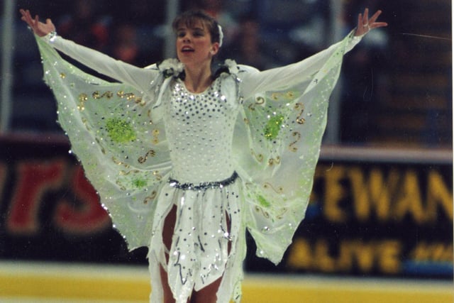 Carla Wood, Sheffield ice skater, probably an exhibition performance during a Sheffield Steelers ice hockey match.