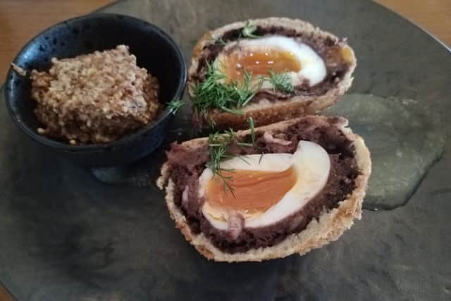 My tasty black pudding scotch egg starter dish.