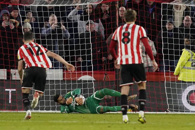 Wes Foderingham saves Viktor Gyokeres penalty during Sheffield United's win over Coventry City: Andrew Yates / Sportimage