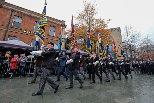 Remembrance Sunday parade and ceremony in Barkers Pool in Sheffield.