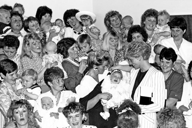 Princess Diana with a group of happy new mothers at the Jessop Hospital, Sheffield, in July 1991