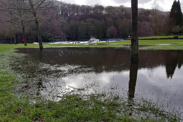 The river is still high and the playground is cordoned off in Millhouses Park in Sheffield today