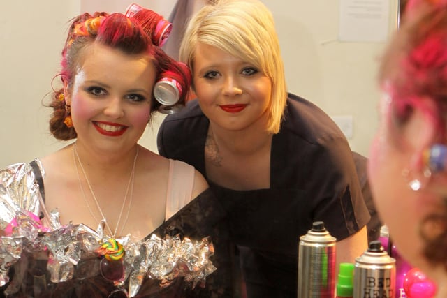University of Derby, hair dressing event, level three student Jess Reeves and her model Georgina Rushton, make up by Amy Barratt in 2011