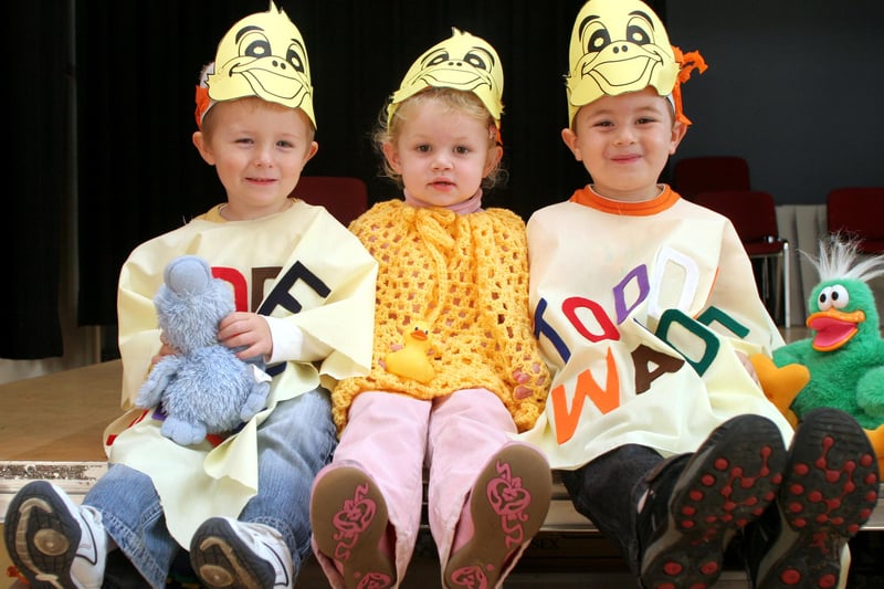 Shay Bradley,  Megan Gally and Joseph Sadler are ready for Bolsover First Steps pre-school's toddle waddle in 2007.
