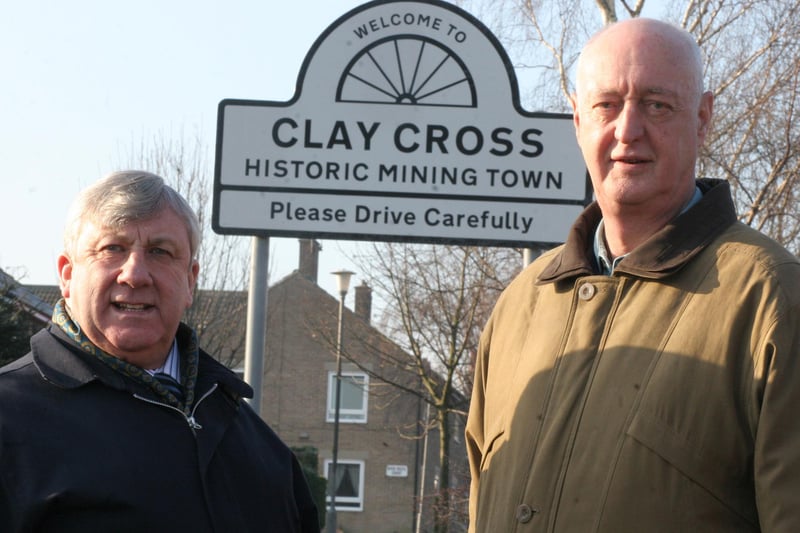 Unveiling of Clay Cross new signs with parish council chairman Cllr Ken Savage and vice chairman Cllr John Holmes.