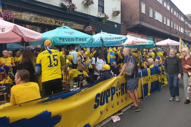 Sweden played three of their five Euros matches at Bramall Lane and fans made Division Street's Frog and Parrot pub their own fan zone once again. Flags and drums were all around as they sang and celebrated before the semi-final.