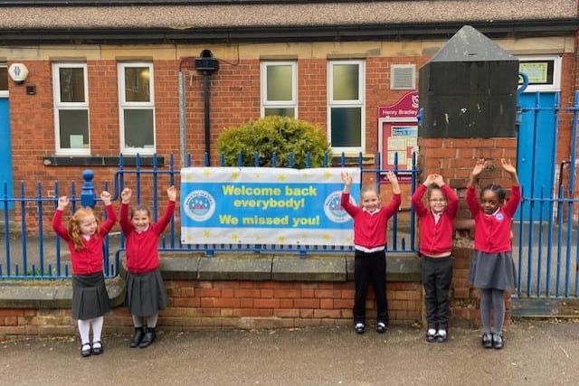 Pupils celebrate being back at Henry Bradley Nursery and Infant School in Brimington