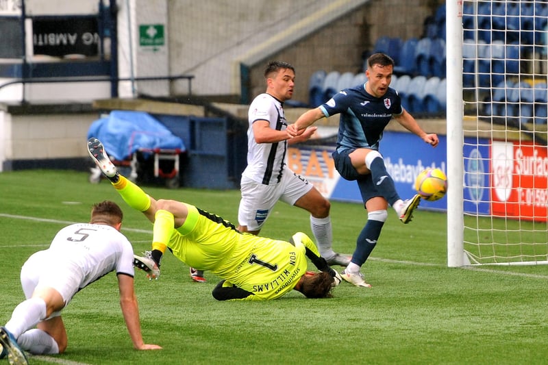 Opening the scoring in the Premiership play-off against Dunfermline in May.
