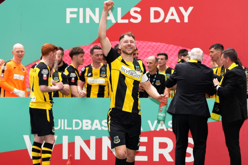 Hebburn Town's Louis Storey (centre) celebrates after victory in the Buildbase FA Vase 2019/20 Final after the final whistle at Wembley Stadium, London.