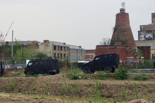 Filming in Sheffield for new HBO miniseries The Regime, starring Kate Winslet and Hugh Grant. Armoured vehicles are visible here during filming around an old steel cementation furnace in Shalesmoor. Photos by @steelcitysnaps via Twitter