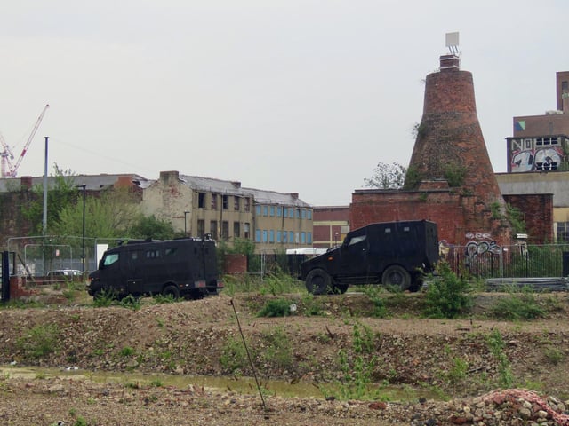 Filming in Sheffield for new HBO miniseries The Regime, starring Kate Winslet and Hugh Grant. Armoured vehicles are visible here during filming around an old steel cementation furnace in Shalesmoor. Photos by @steelcitysnaps via Twitter