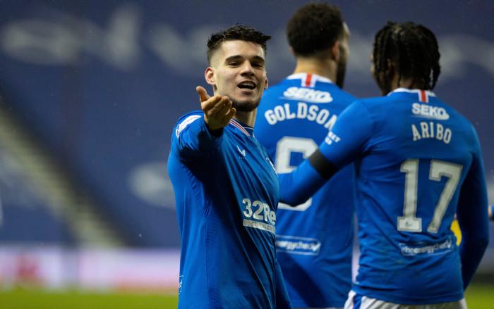 Rangers' Ianis Hagi celebrates making it 1-0 during the Scottish Premiership match between Rangers and St Johnstone at Ibrox Stadium, on February 03, 2021, in Glasgow, Scotland. (Photo by Alan Harvey / SNS Group)