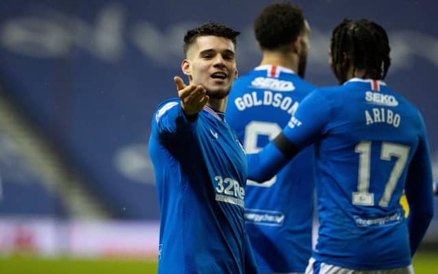 Rangers' Ianis Hagi celebrates making it 1-0 during the Scottish Premiership match between Rangers and St Johnstone at Ibrox Stadium, on February 03, 2021, in Glasgow, Scotland. (Photo by Alan Harvey / SNS Group)