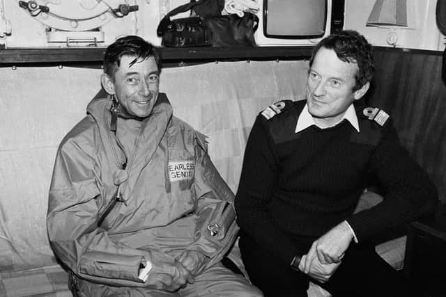 The Task Force commanders, Major-General Jeremy Moore, commander of the Falkland Islands Land Forces, and Rear Admiral Sandy Woodward (right), overall commander of the Task Force together aboard the flagship, HMS Hermes, during the Falklands campaign.