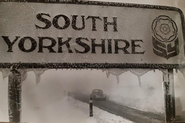 The South Yorkshire sign on Ringinglow Road, Burbage Moor,  with icicles hanging from it in January 1979. Picture Chris Lawton