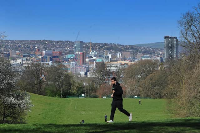 A runner is pictured in Norfolk Park, with Sheffield City Centre as a backdrop, as the Coronavirus outbreak continues..7th April 2019 ..Picture by Simon Hulme 
