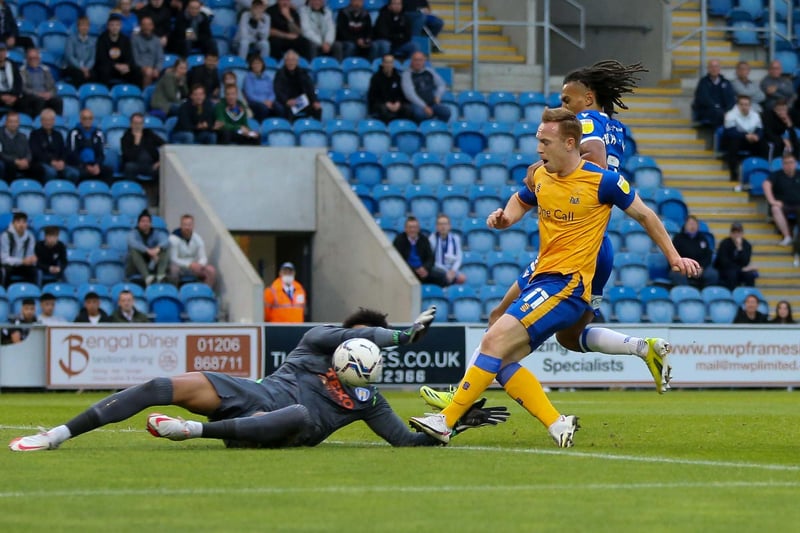 Danny Johnson's shot is blocked by the Colchester keeper