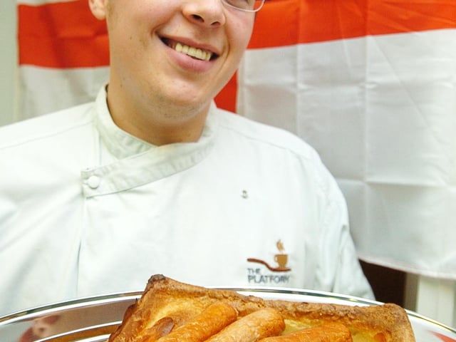 Thurnscoe's SureStart Children's Centre Platform Cafe chef James O'Hara cooked different English dishes each day for a week to celebrate St George's Day and the first anniversary of the cafe opening. He is pictured here with a plate of toad in the hole