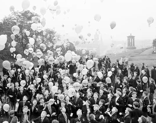 Royal High School pupils release balloons from Calton Hill for the Freedom From Hunger Campaign in July 1963.