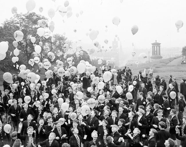 Royal High School pupils release balloons from Calton Hill for the Freedom From Hunger Campaign in July 1963.