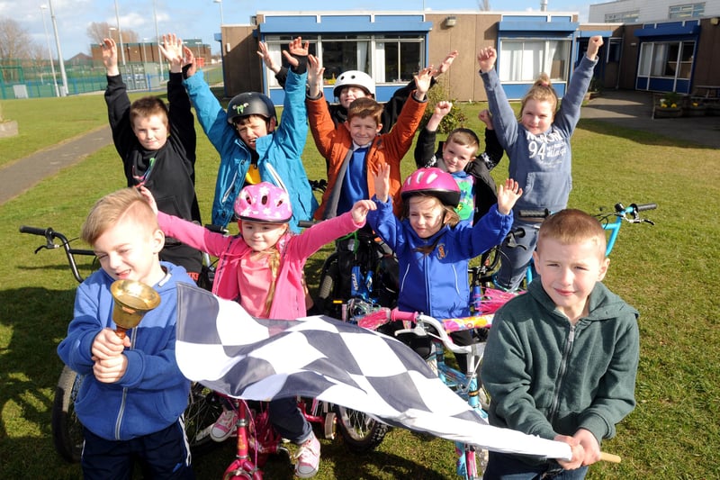 A Fellgate Primary School Sport Relief cycle challenge in 2014. Who do you recognise?