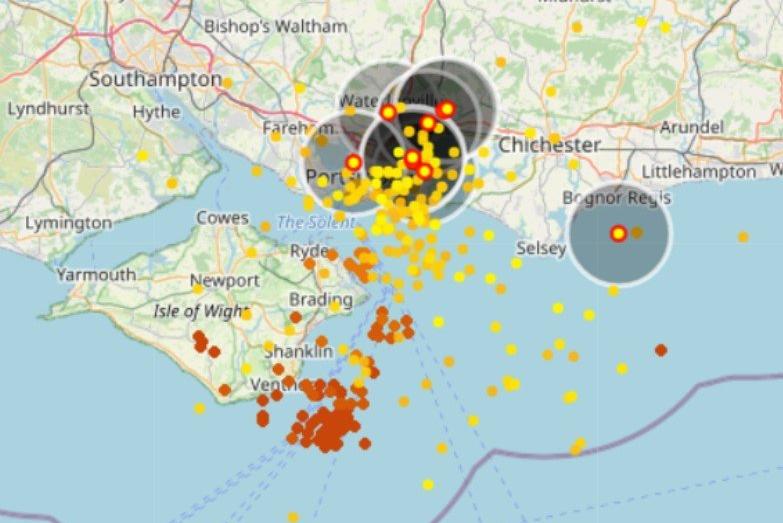 A map of the thunderstorm in Portsmouth early this morning. Pic UK Thunderstorms