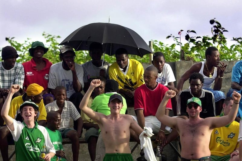 David Wood, Windsor Cairns, and Keith Hanley enjoy the party atmosphere as Hibs take on a Tobago Select XI