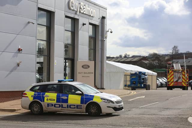 Reports of a burglary at Guy Salmon Landrover on Savile Street in Sheffield. Picture: Chris Etchells