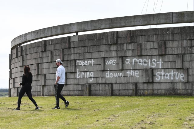 The graffiti is understood to have appeared late last night, after one local dog walker said the writing was not present when he passed the monument at 11pm.