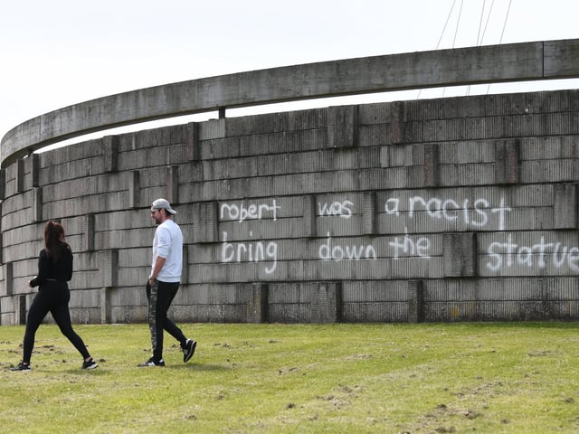 The graffiti is understood to have appeared late last night, after one local dog walker said the writing was not present when he passed the monument at 11pm.