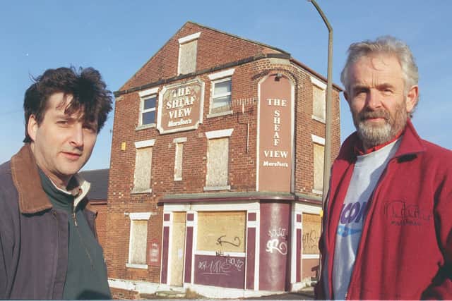 James Birkett, left, and Julian Paul outside the Sheaf View in Heeley in 1999 before renovation work started
