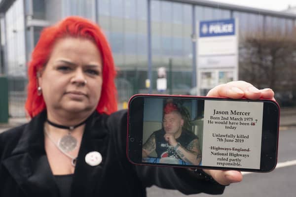 Claire Mercer, whose husband Jason was killed along with Alexandru Murgeanu when they were both hit by a lorry after stopping on a section of smart motorway on the M1 near Sheffield following a minor collision, campaigns as part of the Smart Motorways Kill activism group. Photo from 2022.