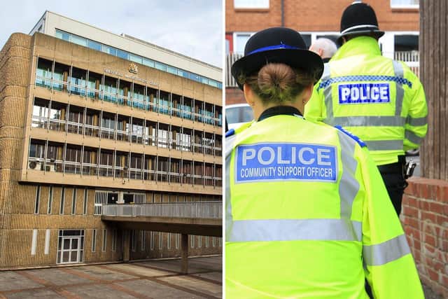 South Yorkshire man Adil Hussain has been jailed in Sheffield for breaking a restraining order banning him from visiting his former partner.. PIcture left, shows Sheffield Magistrates Court. Right, file picture of police officers