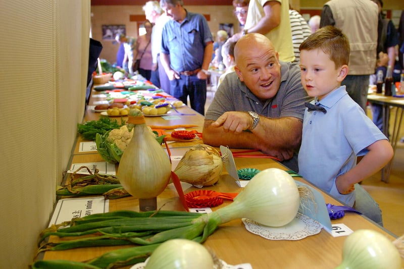 Look at the size of that! Shaun Preston and son Jamie, aged five, from the town centre area of Hartlepool look at the prize-winning onions at the first ever Allotment Show at Summerhill in 2013.