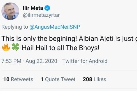 Perhaps one of the most unusual of social media followers, the Albanian president regularly comments on Celtic to his 18,100 followers and himself appears to be an ardent follower of the Hoops .
Twitter - @ilirmetazyrtar