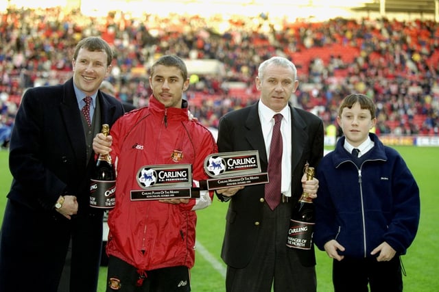 Kevin Phillips and Peter Reid of Sunderland are presented with the respective Player and Manager of the Month Awards for October before the FA Carling Premier League game against Liverpool from the Stadium of Light.