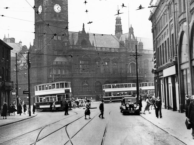 A view of trams in Sheffield from Leopold Street in May 1947