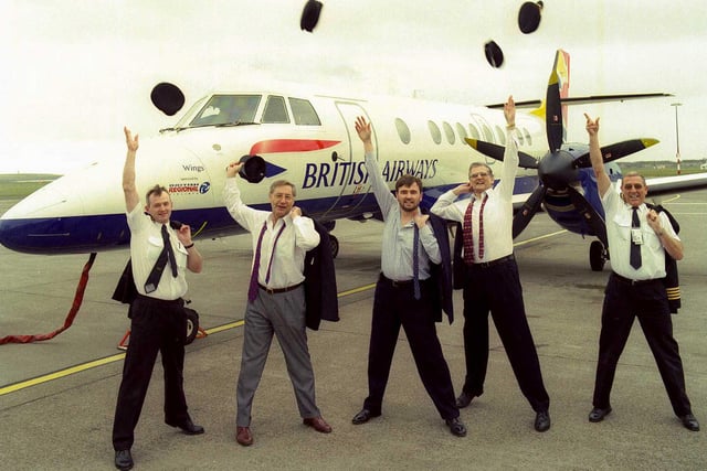 The team from airline BRAL doing a Full Monty to advertise their new Sheffield City Airport route in April 1999. Pictured at 1st officer Chris Kelly, BRAL chief executive Terry Liddiard, Sheffield City Airport MD Jon Horne, BRAL commercial director Mike Bathgate and Captain Doud Baden