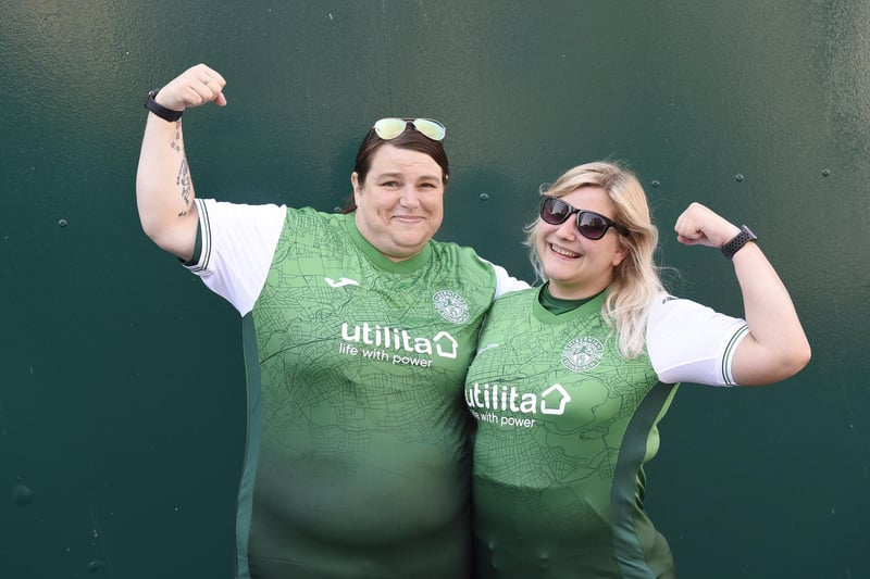 Hibs fans arrive for the first game with an unrestricted crowd since the pandemic - Valerie Hunter and Billie Meldrum
