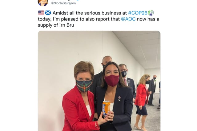 Congresswoman Alexandria Ocasio-Cortez eventually tracked down some Irn Bru at the climate change summit. AOC and Nicola Sturgeon posed for a photo, whilst holding a can of the orange-coloured fizzy drink.