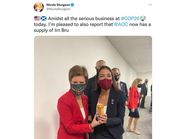 Congresswoman Alexandria Ocasio-Cortez eventually tracked down some Irn Bru at the climate change summit. AOC and Nicola Sturgeon posed for a photo, whilst holding a can of the orange-coloured fizzy drink.