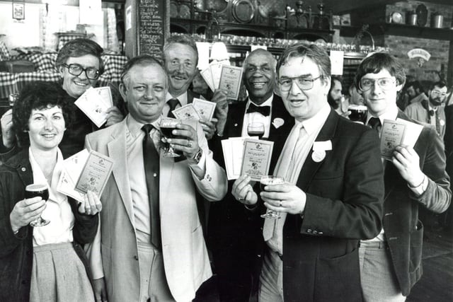 Roger Howill, licensee of the Frog & Parrot in Division Street, celebrates the launch of his new Roger & Out special beer in June 1985