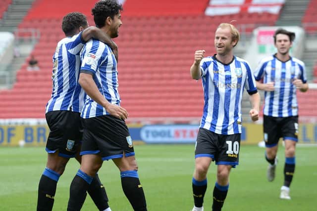 Sheffield Wednesday players celebrate Massimo Luongo's second half goal against Bristol City. Steve Ellis