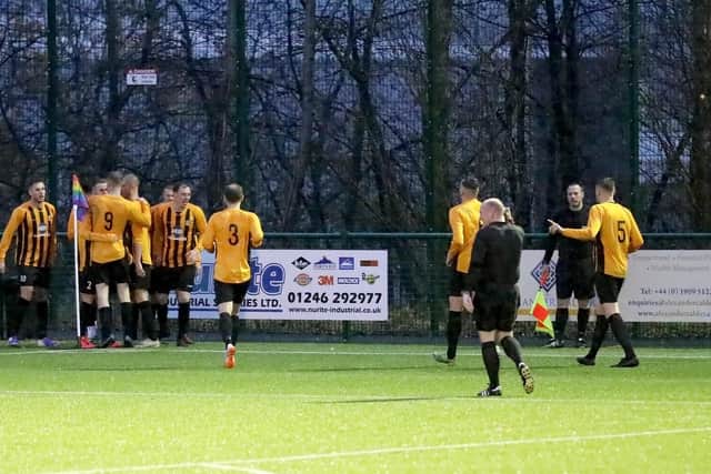 Handsworth FC celebrate a goal against top of the league, Grimsby Borough.  Credit: Ken Allsebrook