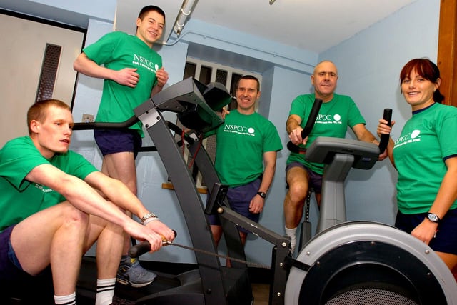 A triathlon in the gym to raise money for the NSPCC. Some of those who took part are pictured, from left Preston and Daniel, Richard Logan,  David Clare Wray.