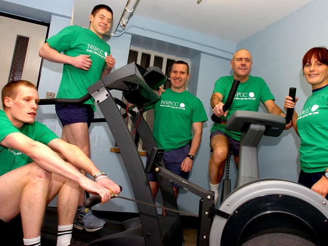 A triathlon in the gym to raise money for the NSPCC. Some of those who took part are pictured, from left Preston and Daniel, Richard Logan, David Clare Wray.