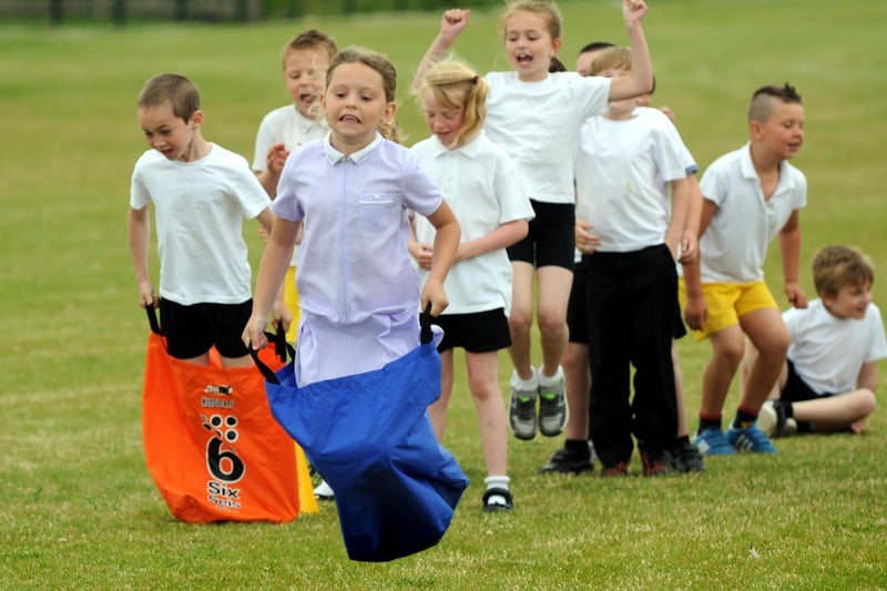 Hebburn Lakes Primary School pupils practise the sack race for sports day in 2014.