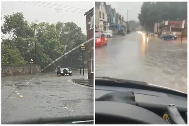 A car has become stranded on High Street, Beighton tonight following flash flooding (left); and parts of Abbeydale Road are also experiencing flashflooding (right). Pictures: Sheffield Online