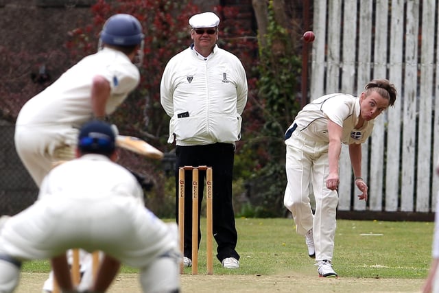 Hadfield's Alex Ball bowls to New Mills Callum Firth during the 2015 season. Picture by Dan Westwell