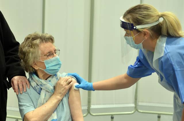 Mansfield Vaccination Centre opens. Jenny Holland, 86, from Town view independent living scheme getting her vaccination.
